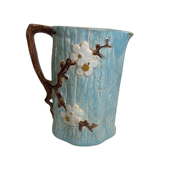 Joseph Holdcroft Antique Majolica 5.5 Inch Pitcher Dogwood Blue - Picture 2 of 8